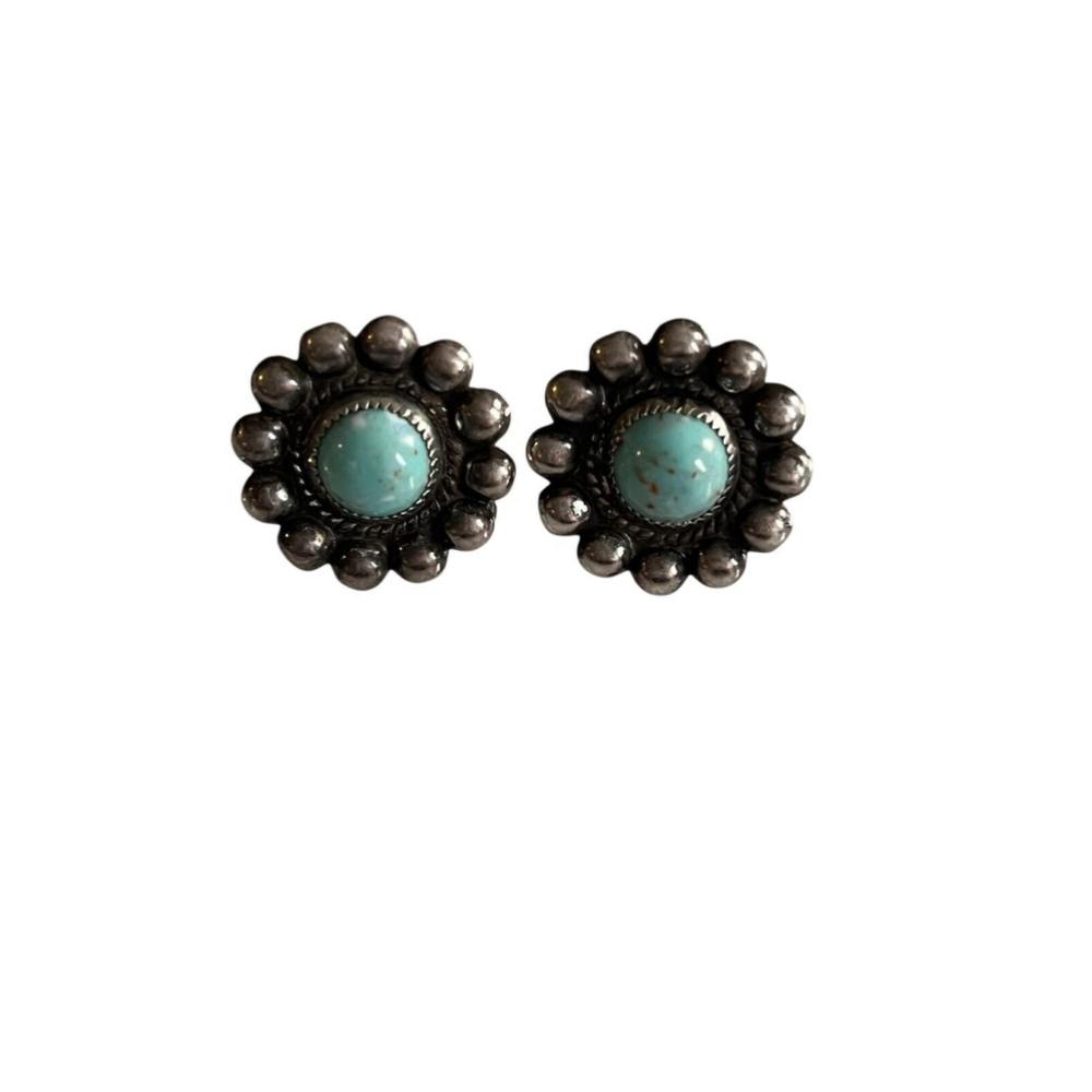 Native American Sterling Silver Stud Round Turquoise Gemstone Earrings Vintage
